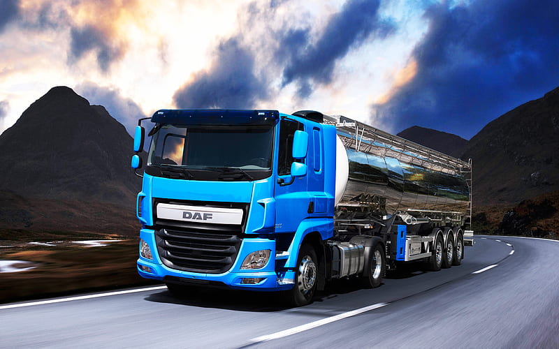DAF CF, 2016, Euro-6, new trucks, tanker, transportation of petrol, blue daf, road, shipping, DAF, HD wallpaper