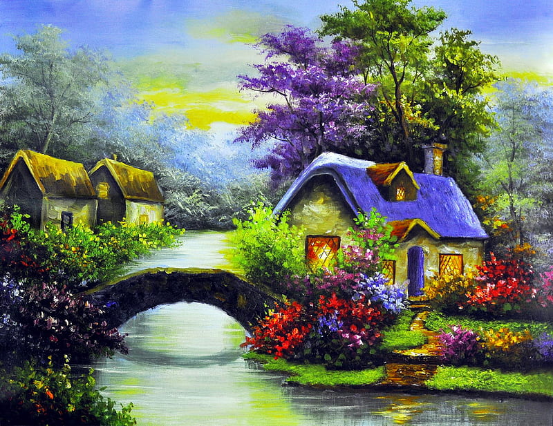 Fairytale cottage, art, house, cottage, spring, bonito, creek, countryside, peaceful, village, painting, river, HD wallpaper