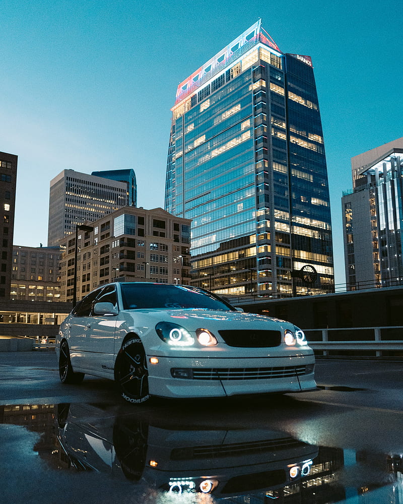 car, white, city, buildings, HD phone wallpaper
