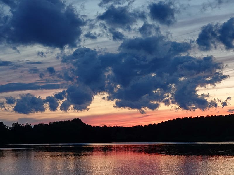 river, trees, silhouettes, evening, landscape, HD wallpaper