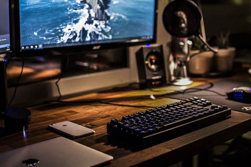 black corded gaming computer keyboard and flat screen monitor, HD wallpaper