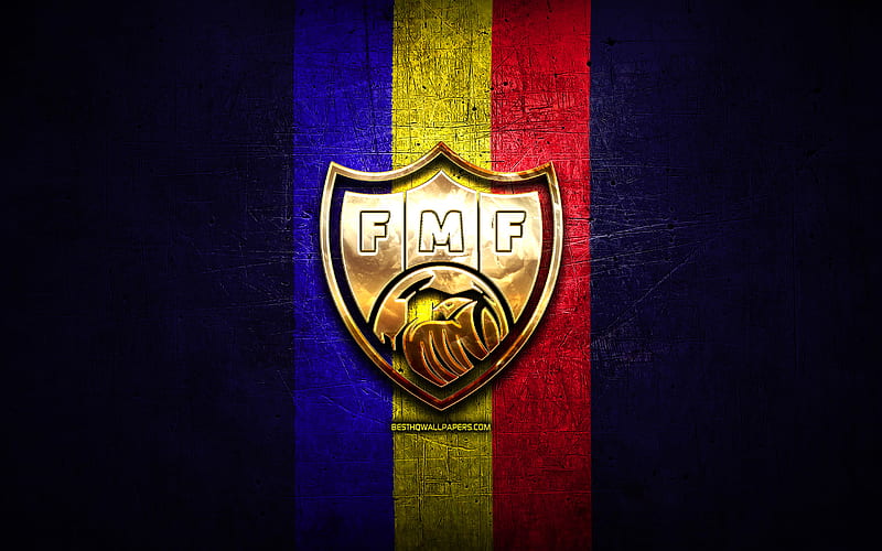 Moldova National Football Team, golden logo, Europe, UEFA, blue metal background, Moldavian football team, soccer, MFF logo, football, Moldova, HD wallpaper