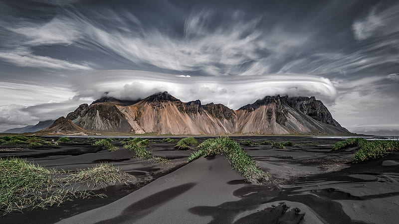 Black Sand Land With Landscape View Of Rock Mountains Under Cloudy Sky Nature, HD wallpaper