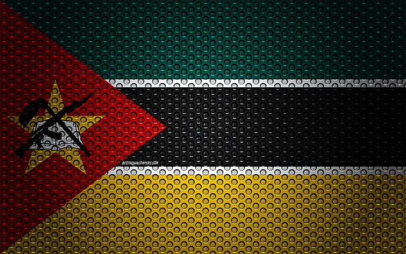 Flag of Mozambique creative art, metal mesh texture, Mozambique flag, national symbol, Mozambique, Africa, flags of African countries, HD wallpaper