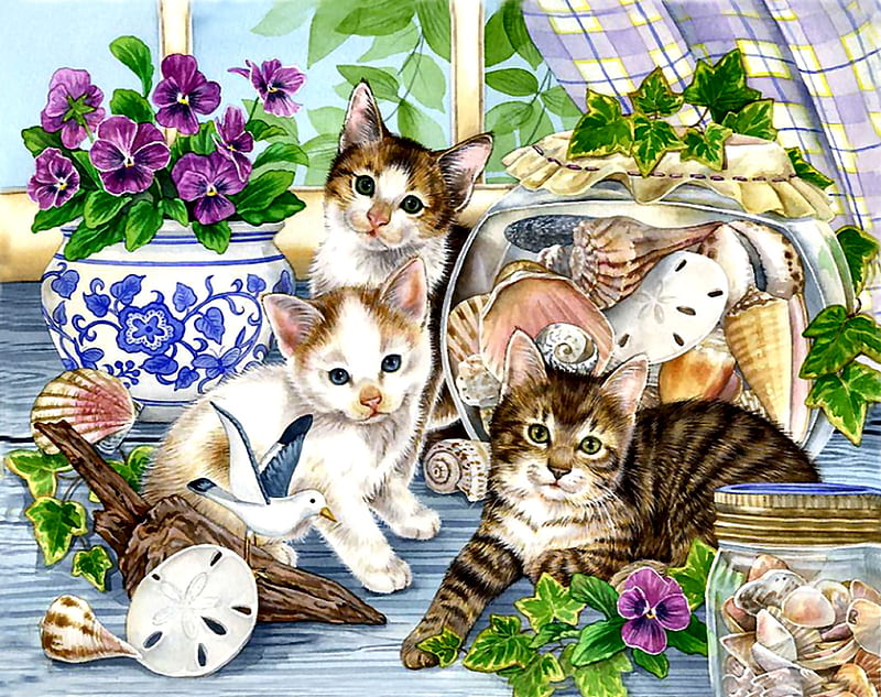 Kittens in the Parlor - Cats F, art, kittens, bonito, pets, artwork, animal, feline, plants, painting, wide screen, flowers, shells, cats, HD wallpaper