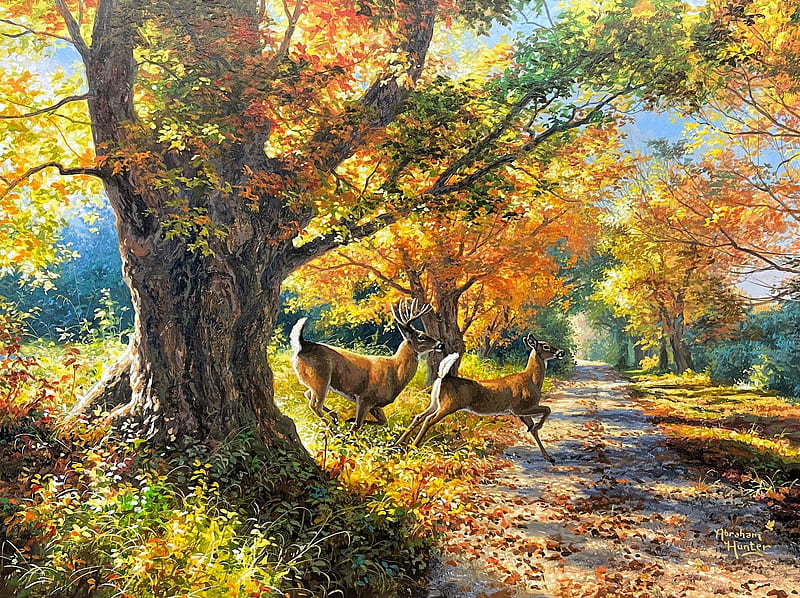 Morning Run, forest, trees, artwork, deer, painting, HD wallpaper