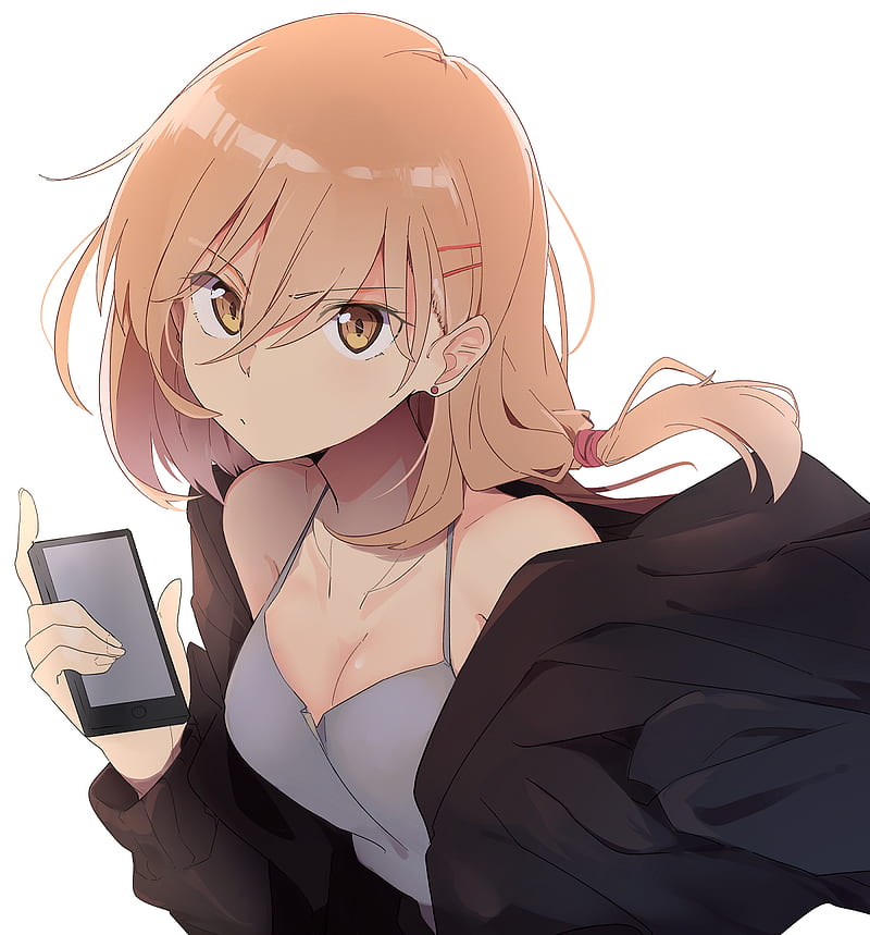 anime girls, simple background, looking at viewer, white background, face, yellow eyes, bare shoulders, tank top, cellphone, Kazenoko, HD phone wallpaper