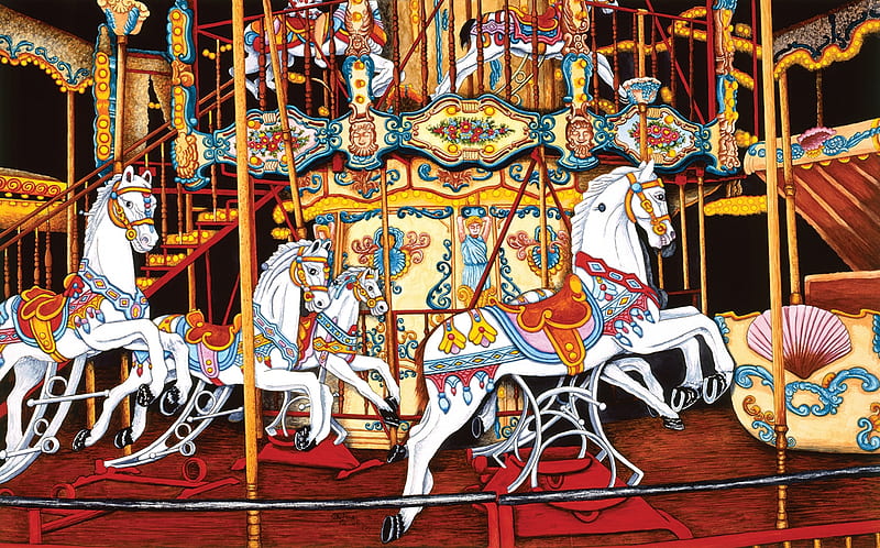 Carousel, art, fair, painting, thelma winter, park, pictura, horse, HD wallpaper