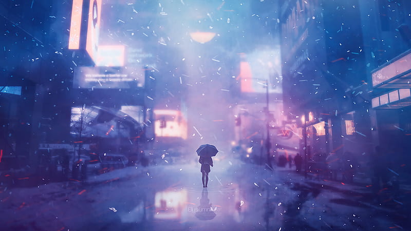 Alone Girl On Street With Umbrella, alone, street, umbrella, artist, artwork, digital-art, HD wallpaper