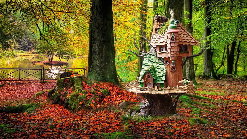 Fairy house, forest, fall, fairyland, autumn, house, home, trees, lake, leaves, fantasy, fairy, HD wallpaper