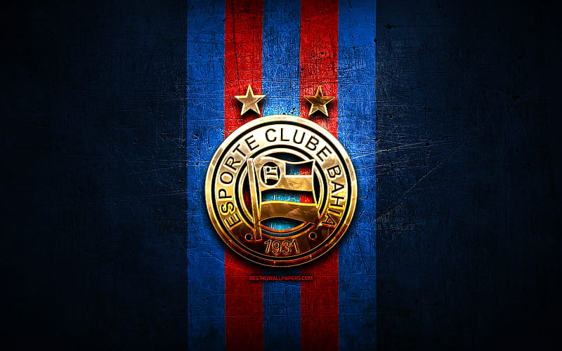 Bahia FC, golden logo, Serie A, blue metal background, football, EC Bahia, brazilian football club, Bahia FC logo, soccer, Brazil, HD wallpaper