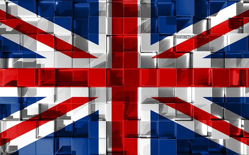 Flag of United Kingdom, 3d flag, Great Britain flag, 3d cubes texture, Flags of European countries, 3d art, United Kingdom, Europe, 3d texture, Great Britain, HD wallpaper