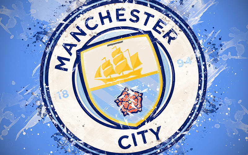 Manchester City FC paint art, logo, creative, English football team, Premier League, emblem, blue background, grunge style, Manchester, England, UK, football, HD wallpaper