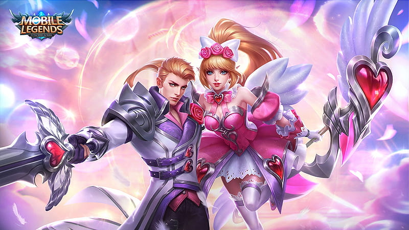 Myia and Alucard, alucard, lasso, luminos, game, valentine, mobile legends, fantasy, myia, pink, couple, blue, HD wallpaper