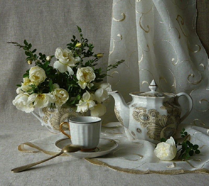 tea time and white roses, tea time, still life, flowers, roses, HD wallpaper