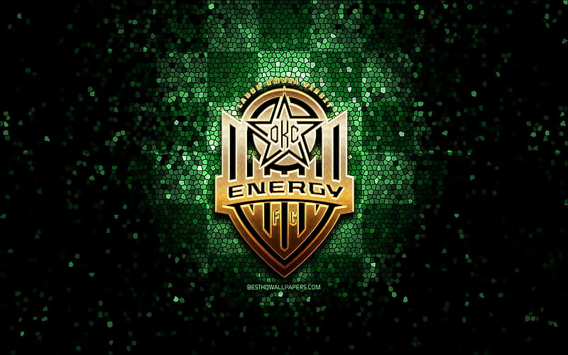 Oklahoma City Energy FC, glitter logo, USL, green checkered background, USA, american soccer team, Oklahoma City Energy, mosaic art, Oklahoma City Energy logo, soccer, football, America, HD wallpaper