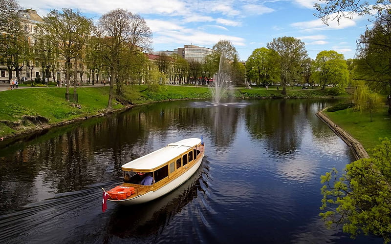 Kronvalda Park, Riga, Latvia, Riga, boat, canal, Latvia, park, trees, HD wallpaper