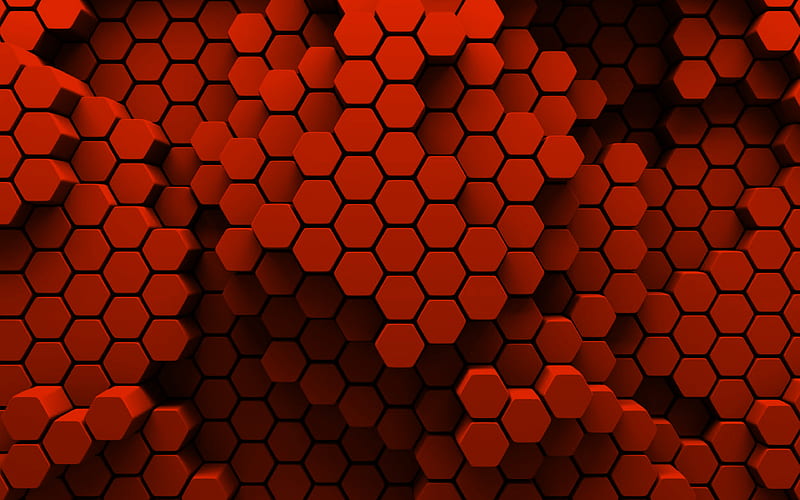 orange hexagons 3D art, creative, honeycomb, hexagons patterns, orange hexagons background, hexagons textures, orange backgrounds, hexagons texture, HD wallpaper