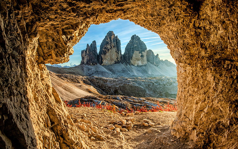 Drei Zinnen, cave, Tre Cime di Lavaredo, italian landmarks, Dolomites, Europe, Italy, beautiful nature, HD wallpaper