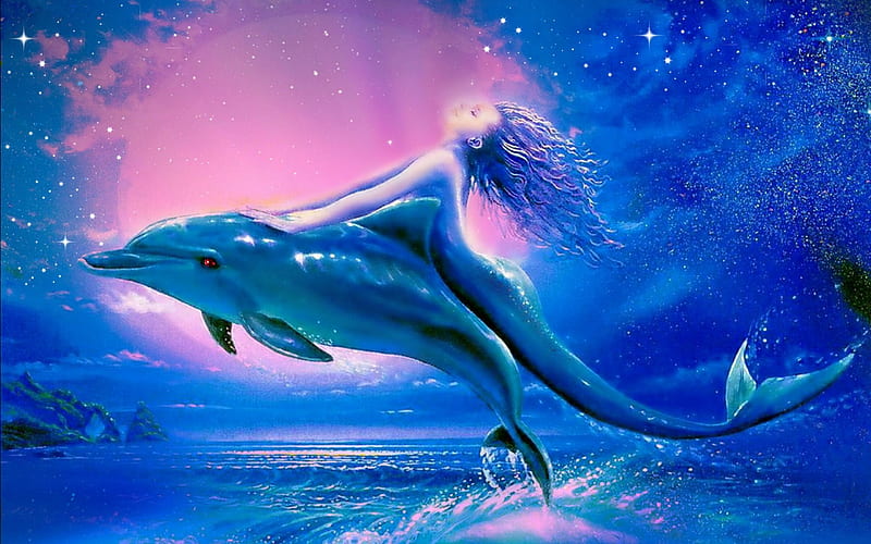 Mystical Mermaid and Dolphin, FANTASY, BEAUTY, ART, ABSTRACT, HD wallpaper