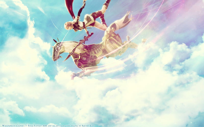 Final Fantasy XIII, claire, female, falling, video game, horse, sky, clouds, armor, odin, lightning, girl, fight, final fantasy, HD wallpaper