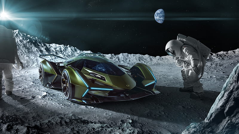 lamborghini lambo v12 vision gran turismo, on the moon, astronaut, hypercars, Vehicle, HD wallpaper