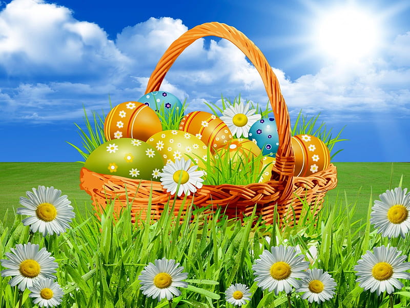 Happy Easter!, pretty, colorful, grass, easter, bonito, clouds, nice, flowers, lovely, holiday, spring, sky, freshness, happy, daisies, basket, eggs, hop, meadow, HD wallpaper
