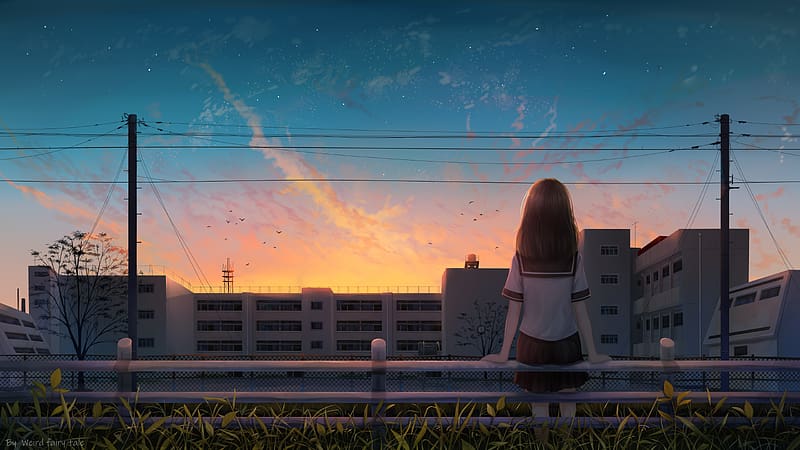 Anime, Sunset, Sky, Girl, School Uniform, HD wallpaper