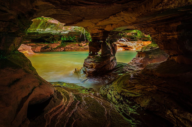 Beautiful Rocky River Cavern, Caves, Rivers, Rocks, Nature, HD wallpaper