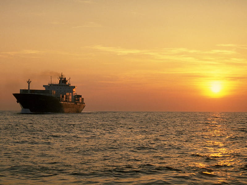 Container Ship sailing off the sunset, sunset, quiet, ship, ocean, HD wallpaper
