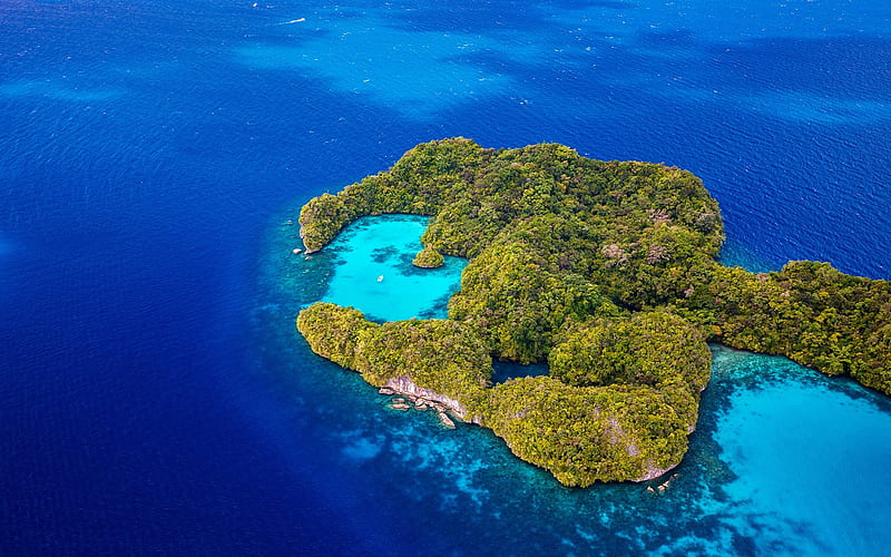 tropical island, top view, ocean, romantic places, rainforest, azure lagoon, white yacht, HD wallpaper