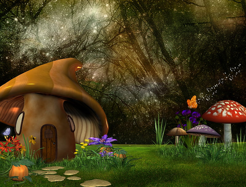 ✰Cute Mushroom House✰, pretty, house, splendor, grasses, love, bright, exterior, flowers, forests, resources, lovely, premade, trees, fireflies, cute, cool, hop, colorful, glow, woods, home, bonito, leaves, stock , light, animals, colors, butterflies, shines, plants, backgrounds, mushrooms, nature, branches, HD wallpaper