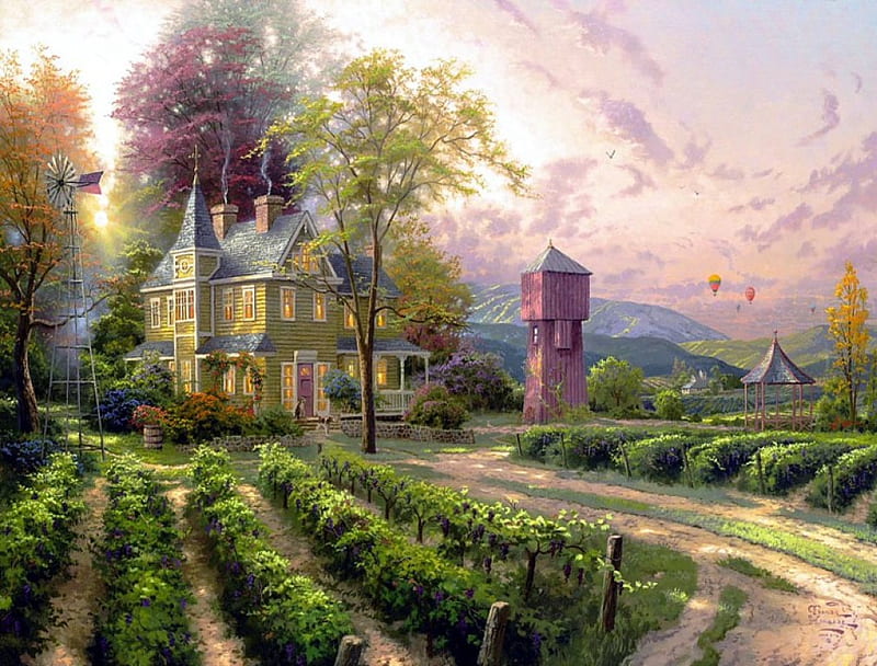 Beautiful farmhouse, house, wind, colors, bonito, agriculture, farm, ballooon, splendor, color, garden, HD wallpaper