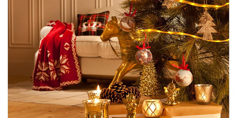 Home for christmas, ornaments, red, home, couch, pinecones, toys, cushion, pillow, holiday, christmas, throw, hanging, horse, candles, fire, tree, flames, gold horse, balls, presents, white, HD wallpaper