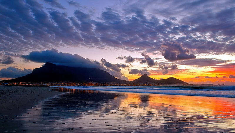 wonderful city beach at sunset, beach, city, mountains, sunset, clouds, sea, HD wallpaper