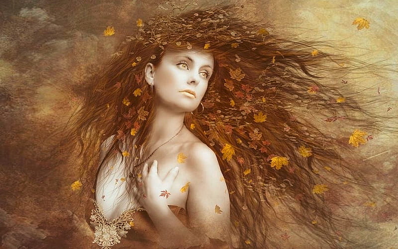 Autumn Wind, dreamy, autumn, lovely, browns, Enchanting, Ethereal, softness, leaves, fantasy, Lady, long hair, HD wallpaper