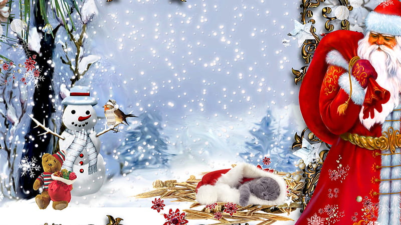 Santas Gift for Kitty, feliz navidad, christmas, kitty, firefox persona, cat, hay, snowman, santa claus, cute, tree, snowing, bird, kitten, teddy bear, gifts, HD wallpaper