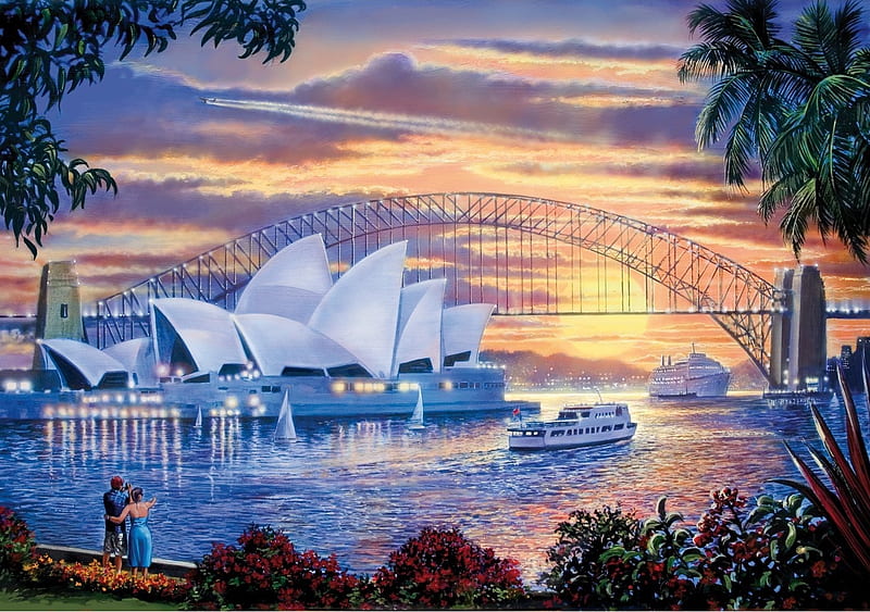 Sydney Sunset, sunset, sydney, opera house, cruise liner, water, harbour, ferry, bridge, quay, bay, HD wallpaper