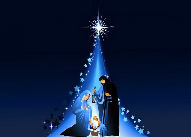 Nativity, tree, jesus, joseph, christmas, mary, blue, star, HD wallpaper