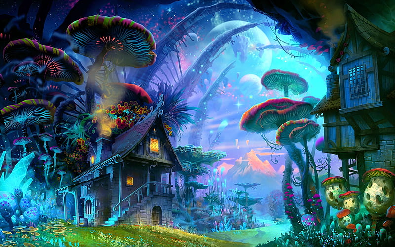 Fantasy Village, colors, art, mushrooms, houses, HD wallpaper