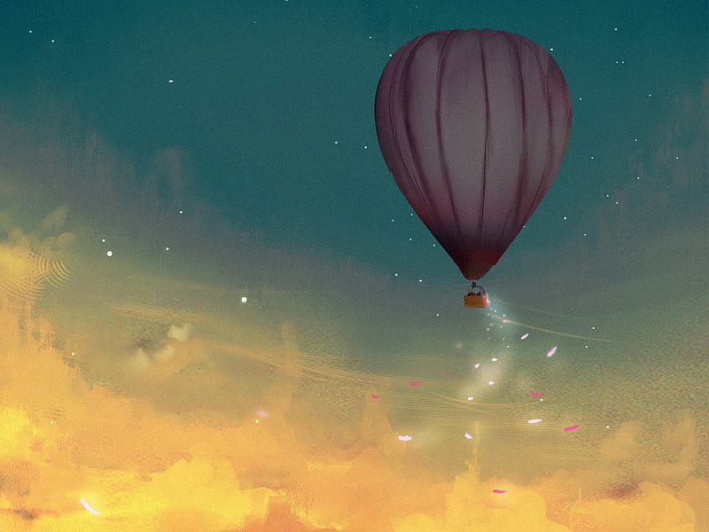 Magical dust, fantasy, hot air balloon, magical, mattia lau, dust, sky, night, blue, pink, HD wallpaper