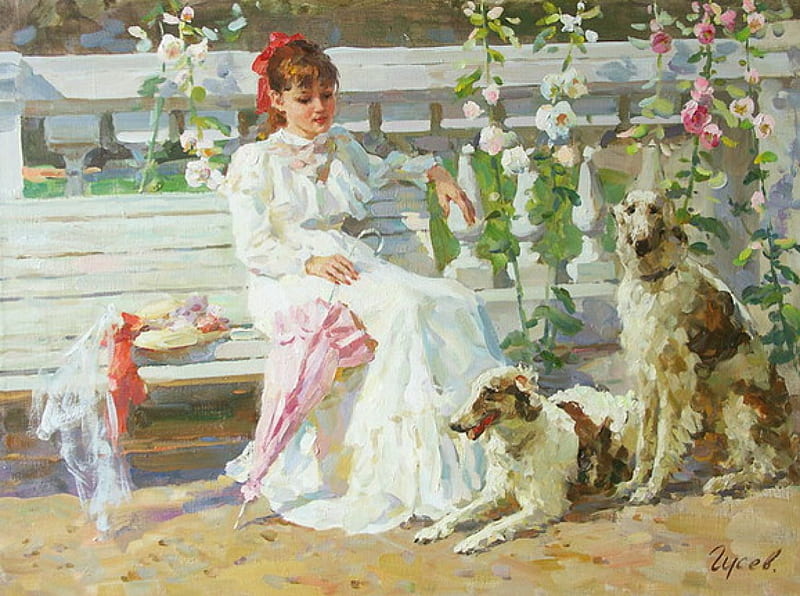 Stay in the park by Vladimir Gusev, dog, art, girl, caine, painting, vladimir gusev, pictura, HD wallpaper