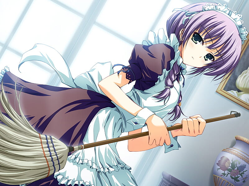 Tsuki, braid, clean, vase, broom, short hair, girl, anime, maid, HD wallpaper