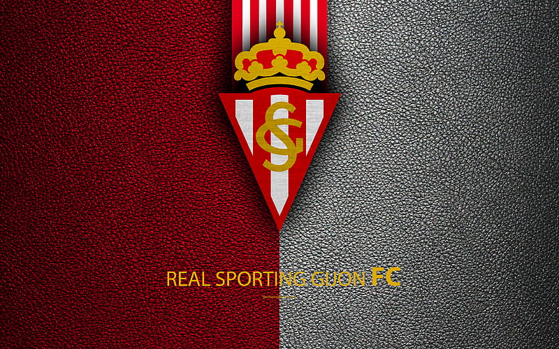 Real Sporting Gijon FC Spanish Football Club, leather texture, Gijon logo, LaLiga2, Segunda Division, Gijon, Spain, Second Division, football, HD wallpaper