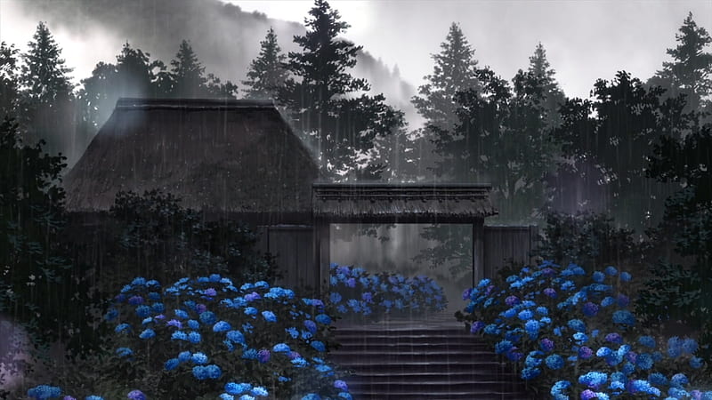 Beaty Of Rain, Forest, rain, Flovers, Anime, Scenary, Nature, HD wallpaper