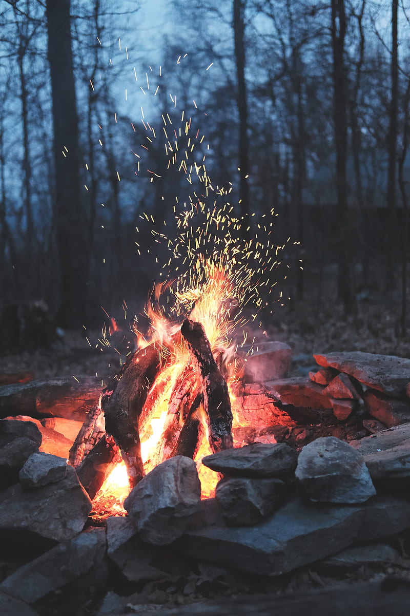 bonfire, fire, sparks, stones, firewood, burn, HD phone wallpaper