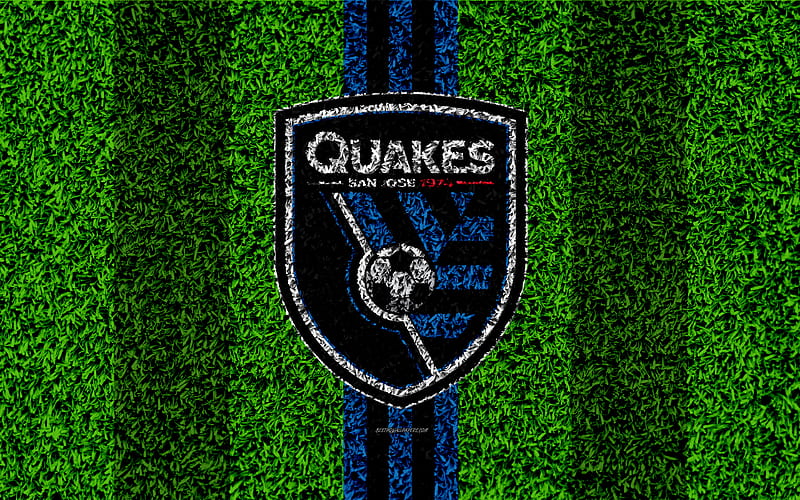 San Jose Earthquakes MLS, football lawn, logo, american soccer club, blue black lines, grass texture, San Jose, California, USA, Major League Soccer, football, HD wallpaper