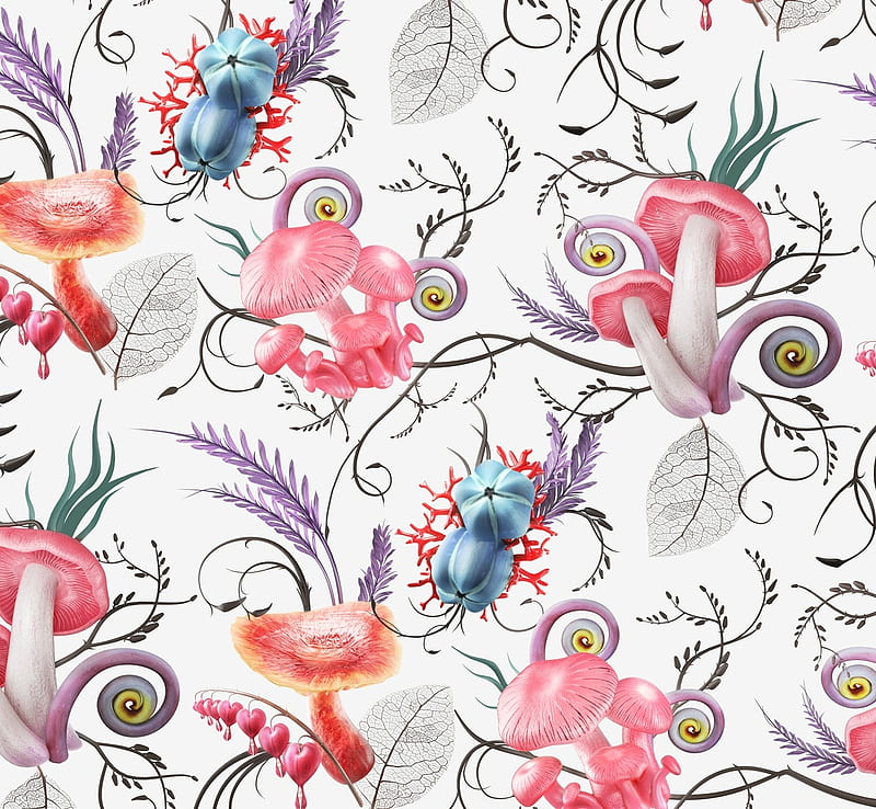 Texture, pattern, luminos, melaamory, mushroom, paper, white, pink, blue, HD wallpaper