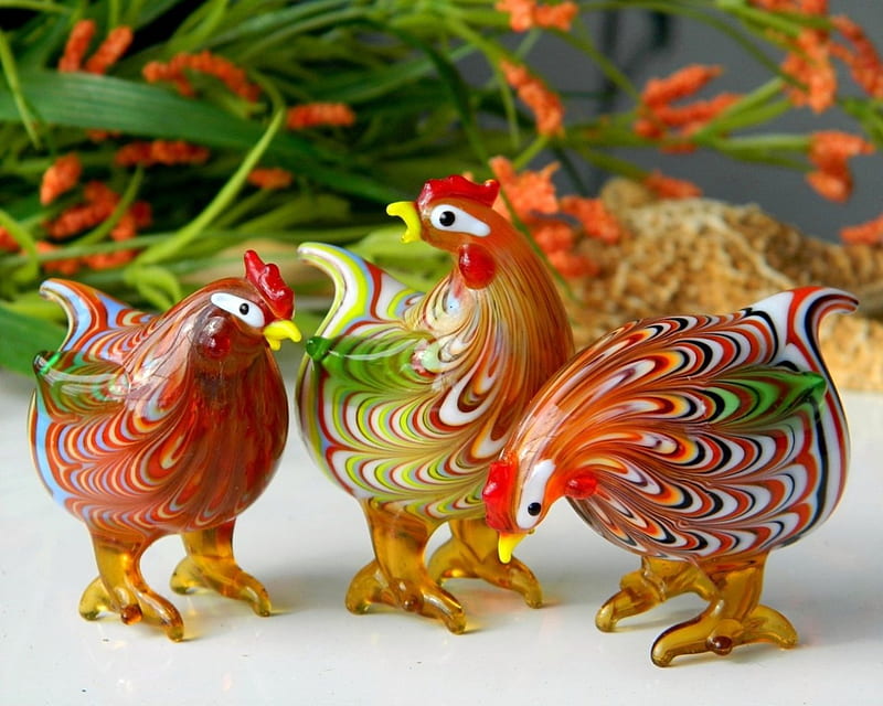 Glass chickens, pretty, art, red-green, hens, red-white, three, abstract, set, cute, glass, 3d, craft, chickens, HD wallpaper