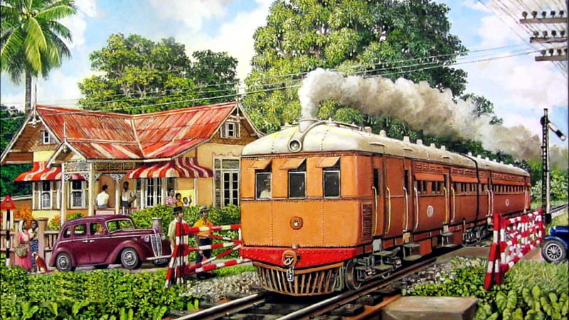 Local Train, house, painting, village, steam, railways, artwork, HD wallpaper